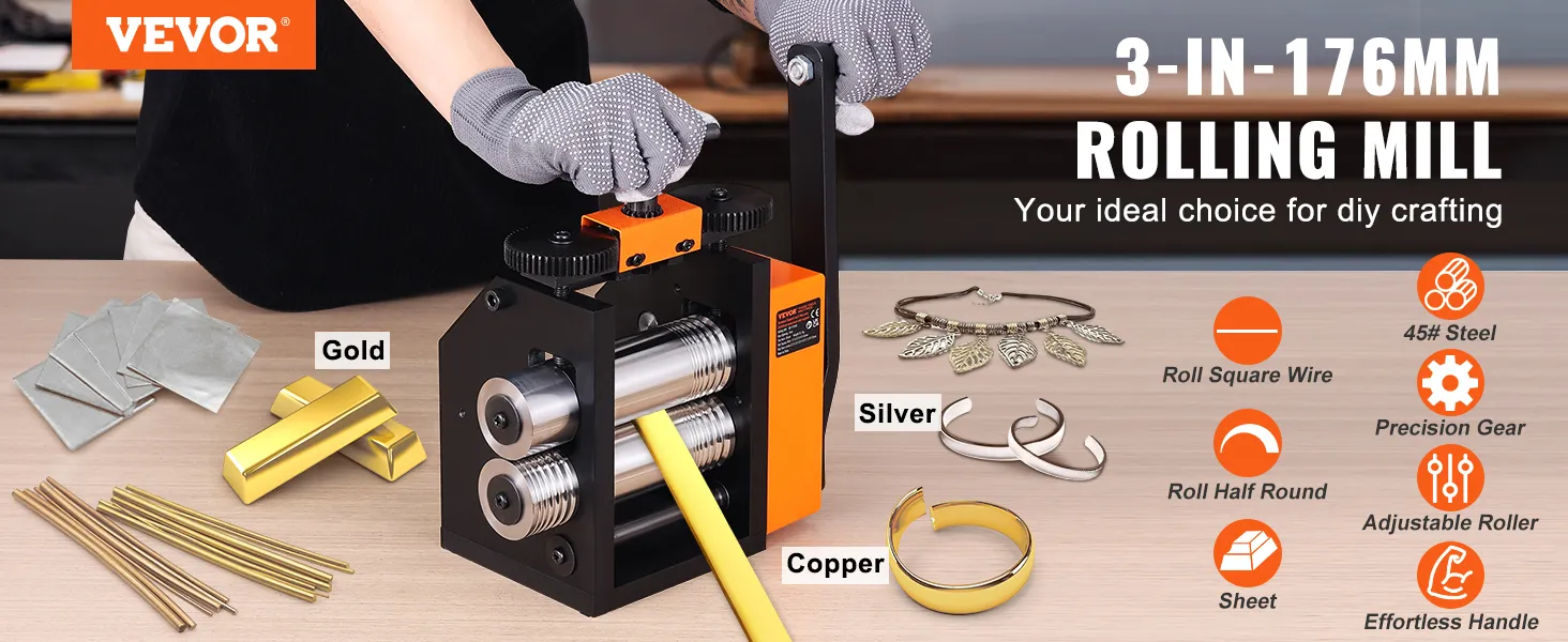 VEVOR rolling mill 3-in-176mm for diy crafting, shown with silver, gold, and copper materials.