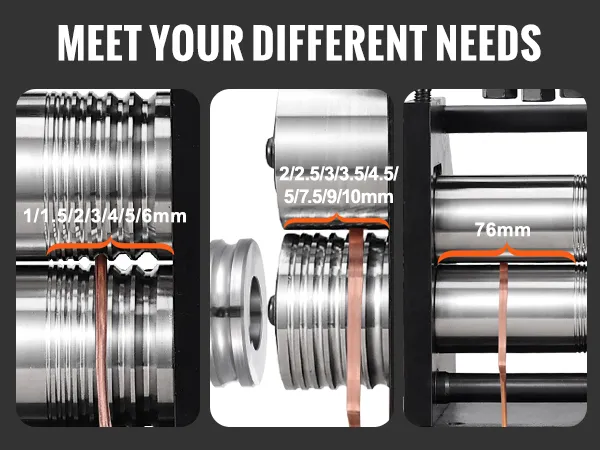 VEVOR rolling mill displaying roll square wire sizes (1-6mm), half round (2-10mm), and sheet width (76mm).