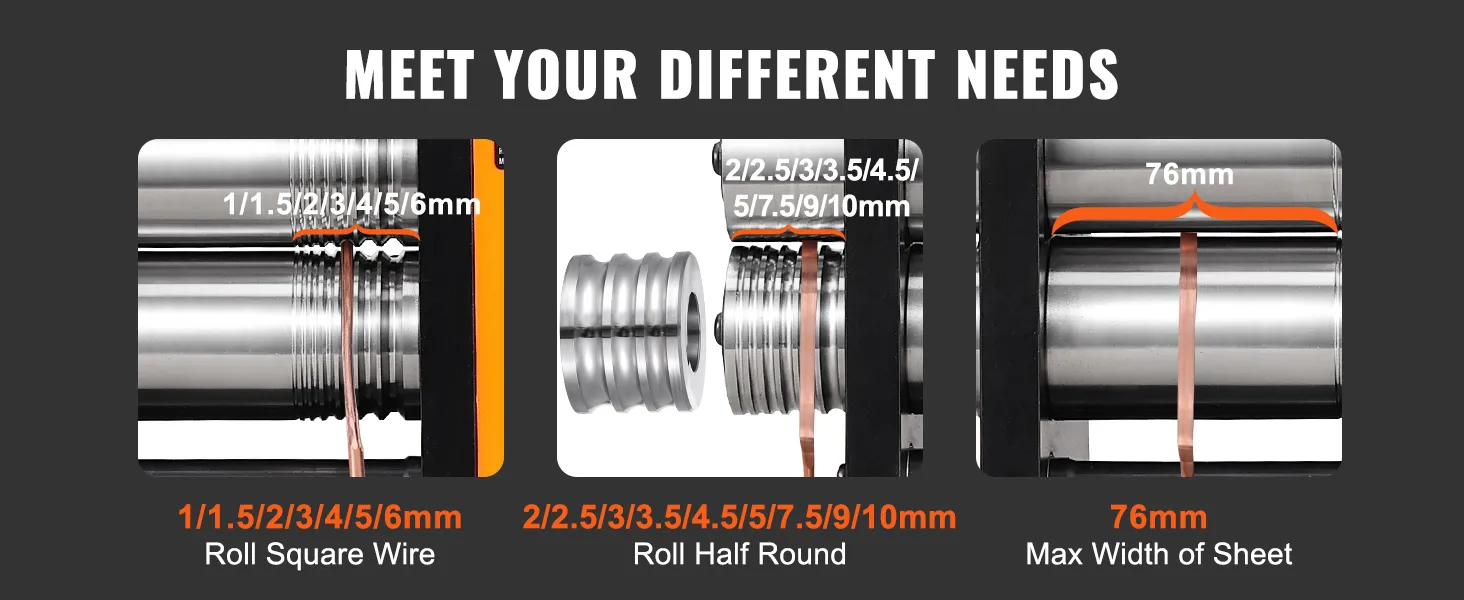 VEVOR rolling mill displaying roll square wire sizes (1-6mm), half round (2-10mm), and sheet width (76mm).