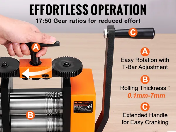 VEVOR rolling mill with t-bar adjustment and extended handle for easy operation, rolling thickness 0.1mm-7mm.