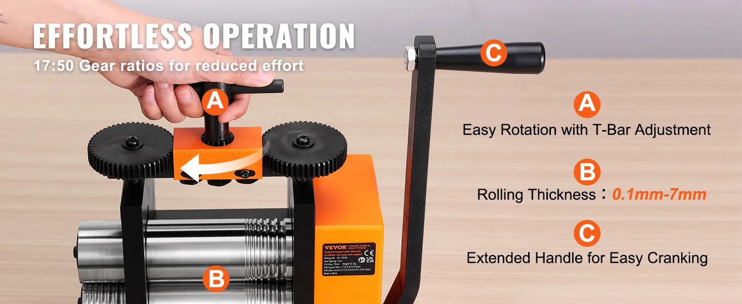 VEVOR rolling mill with t-bar adjustment and extended handle for easy operation, rolling thickness 0.1mm-7mm.