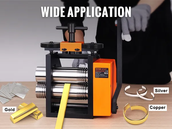 VEVOR rolling mill for gold, silver, and copper jewelry making, showcasing smooth metallic rollers.