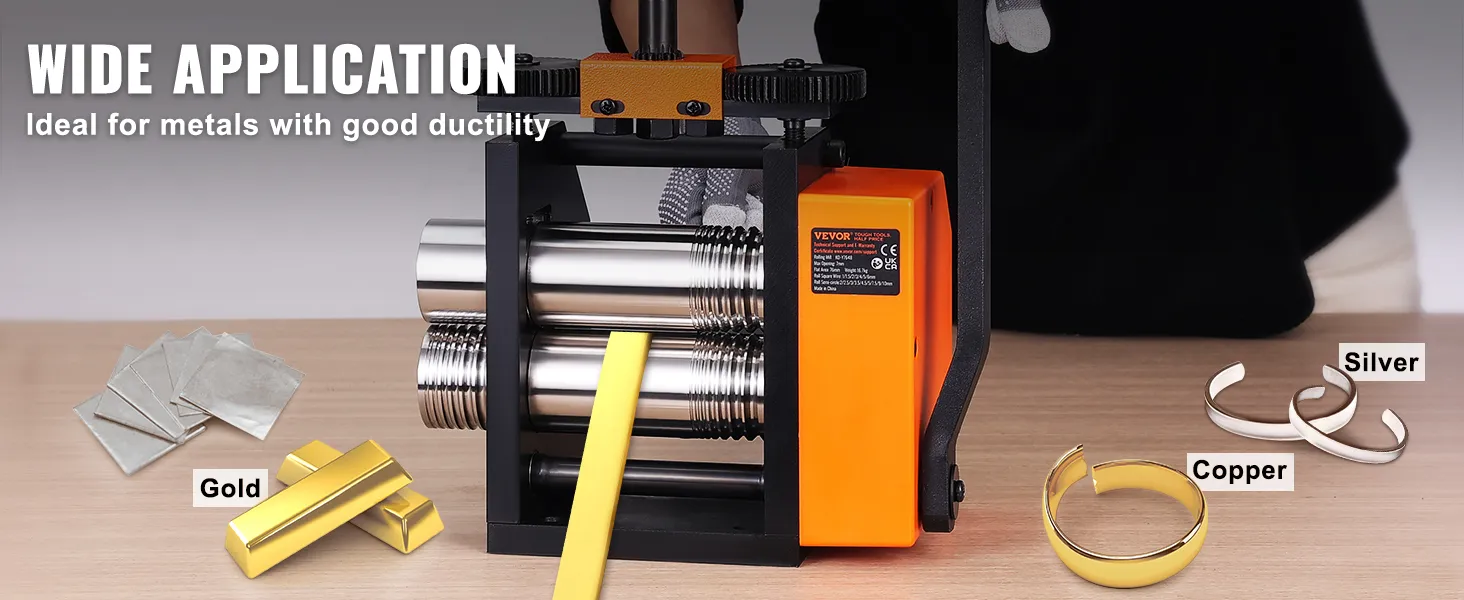VEVOR rolling mill for gold, silver, and copper jewelry making, showcasing smooth metallic rollers.