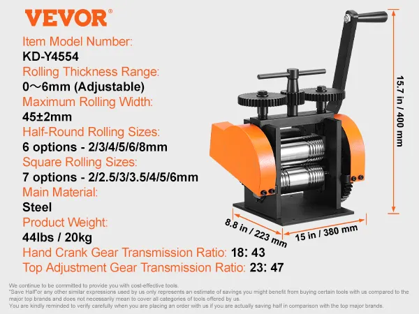 VEVOR jewelry rolling mill, kd-y4554, steel, adjustable thickness 0-6mm, 15.7x8.8x15 in, 44 lbs.