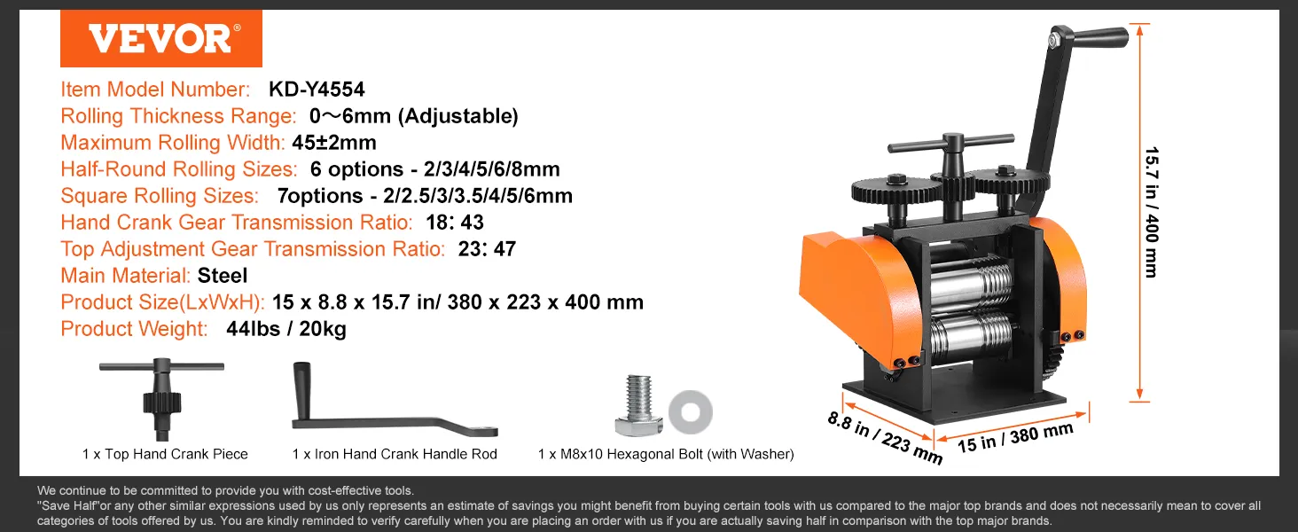 VEVOR jewelry rolling mill, kd-y4554, steel, adjustable thickness 0-6mm, 15.7x8.8x15 in, 44 lbs.