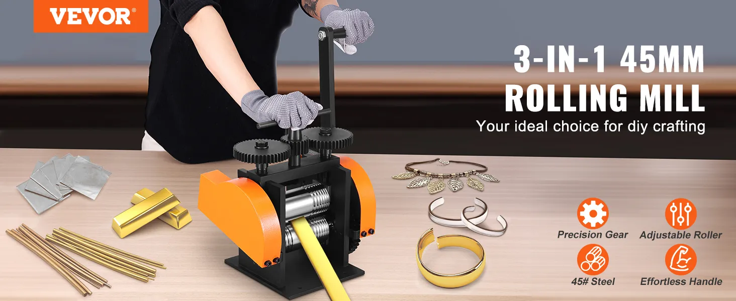 VEVOR jewelry rolling mill with adjustable roller, precision gear, and effortless handle for diy crafting.