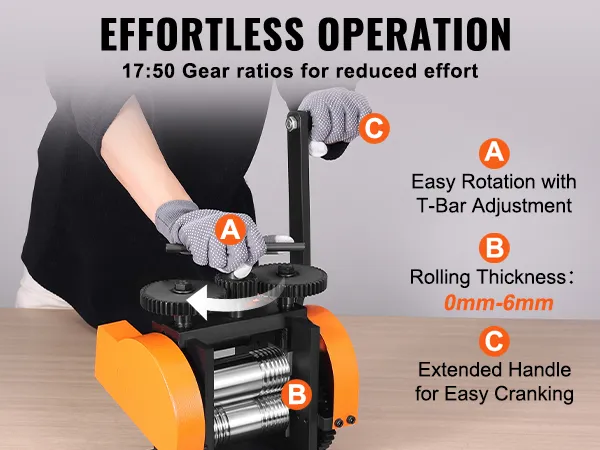 VEVOR jewelry rolling mill with 1:2 gear ratio, t-bar adjustment, 0-6mm rolling thickness, easy cranking.