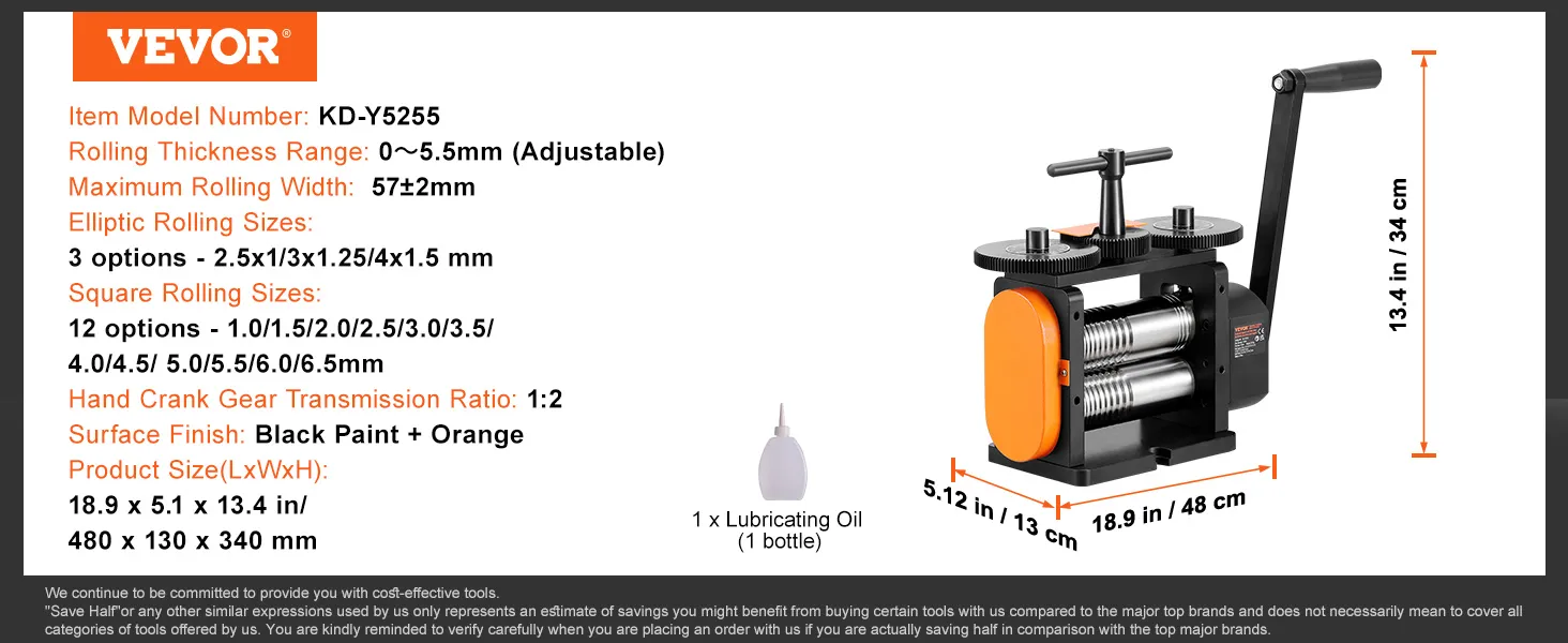 VEVOR jewelry rolling mill, kd-y5255, 0-5.5mm thickness, 57mm width, black and orange finish, 18.9x5.1x13.4 in.