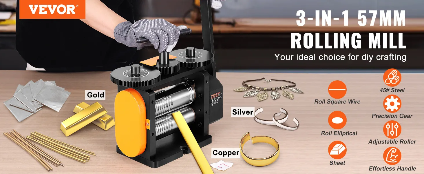 VEVOR jewelry rolling mill 3-in-1 for gold, silver, copper with adjustable roller and precision gear.