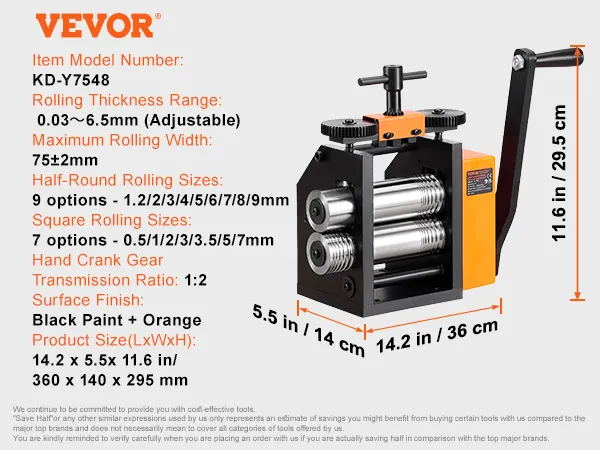 Laminador de joyería VEVOR con espesor ajustable, manivela, acabado negro y naranja, pernos accesorios.