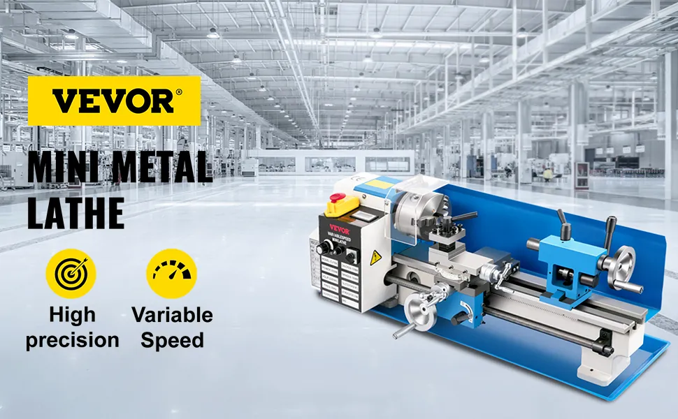 Mini torno de metal VEVOR con alta precisión y velocidad variable en un taller luminoso.