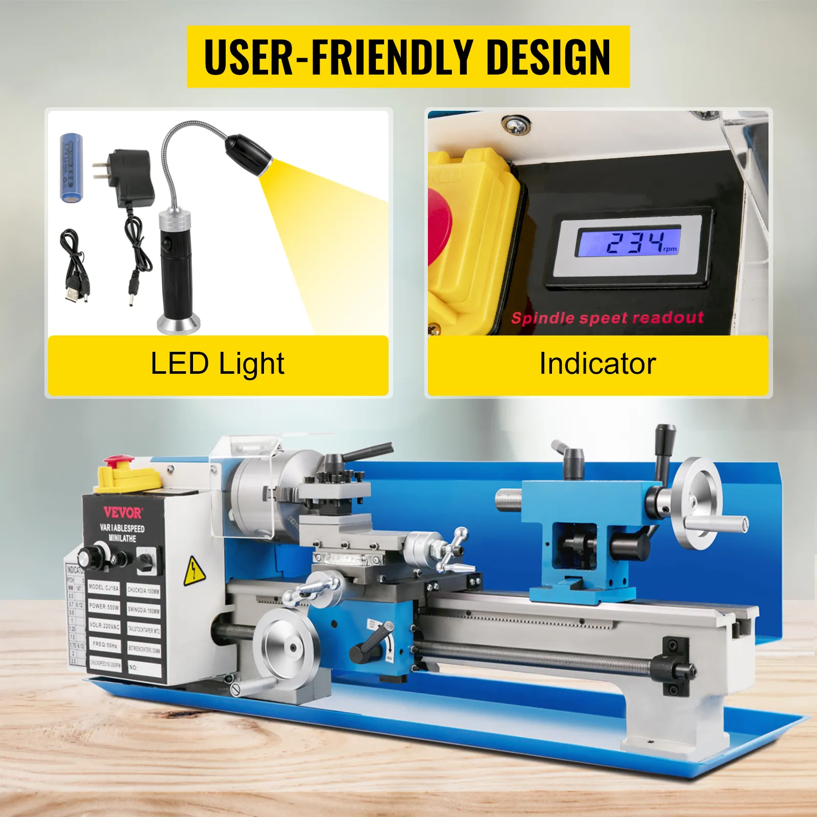 Mini torno de madera VEVOR con luz LED, indicador de velocidad del husillo y diseño fácil de usar