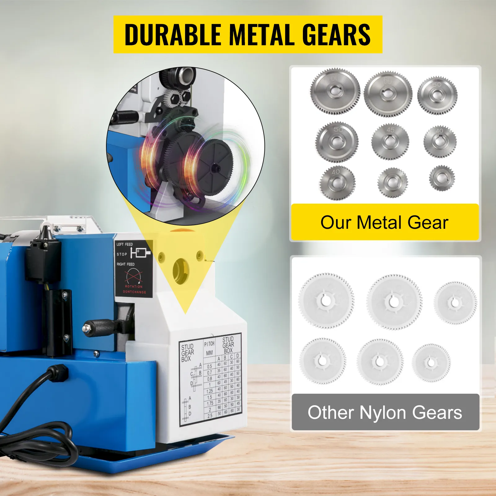 Mini torno de madera VEVOR con engranajes de metal duraderos y tabla de comparación de engranajes.