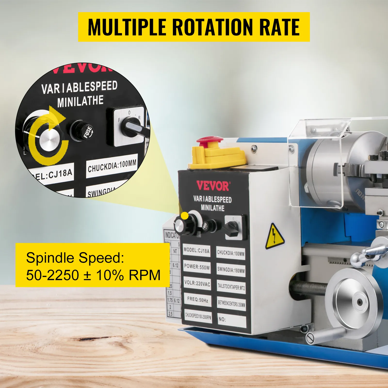 Mini torno de madera VEVOR con control de velocidad variable y velocidad de husillo 50-2250 rpm.