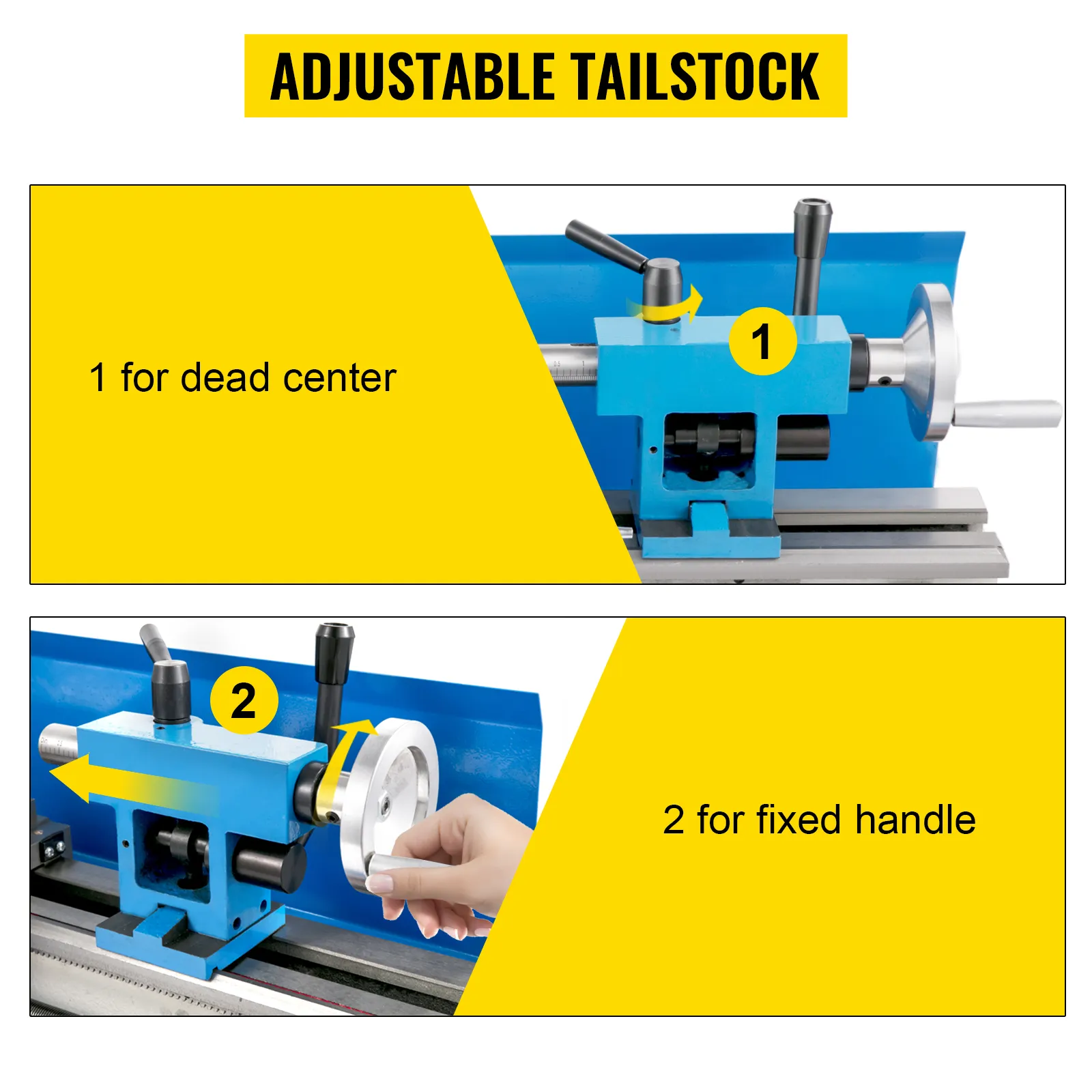 Mini torno de madera VEVOR con contrapunto ajustable, mostrando centro muerto y mango fijo.