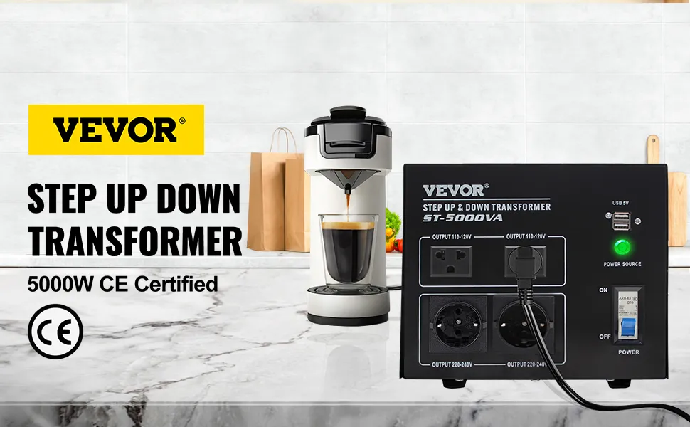 Convertidor de voltaje VEVOR en una cocina al lado de una máquina de café, promocionando un transformador elevador/reductor de 5000w.