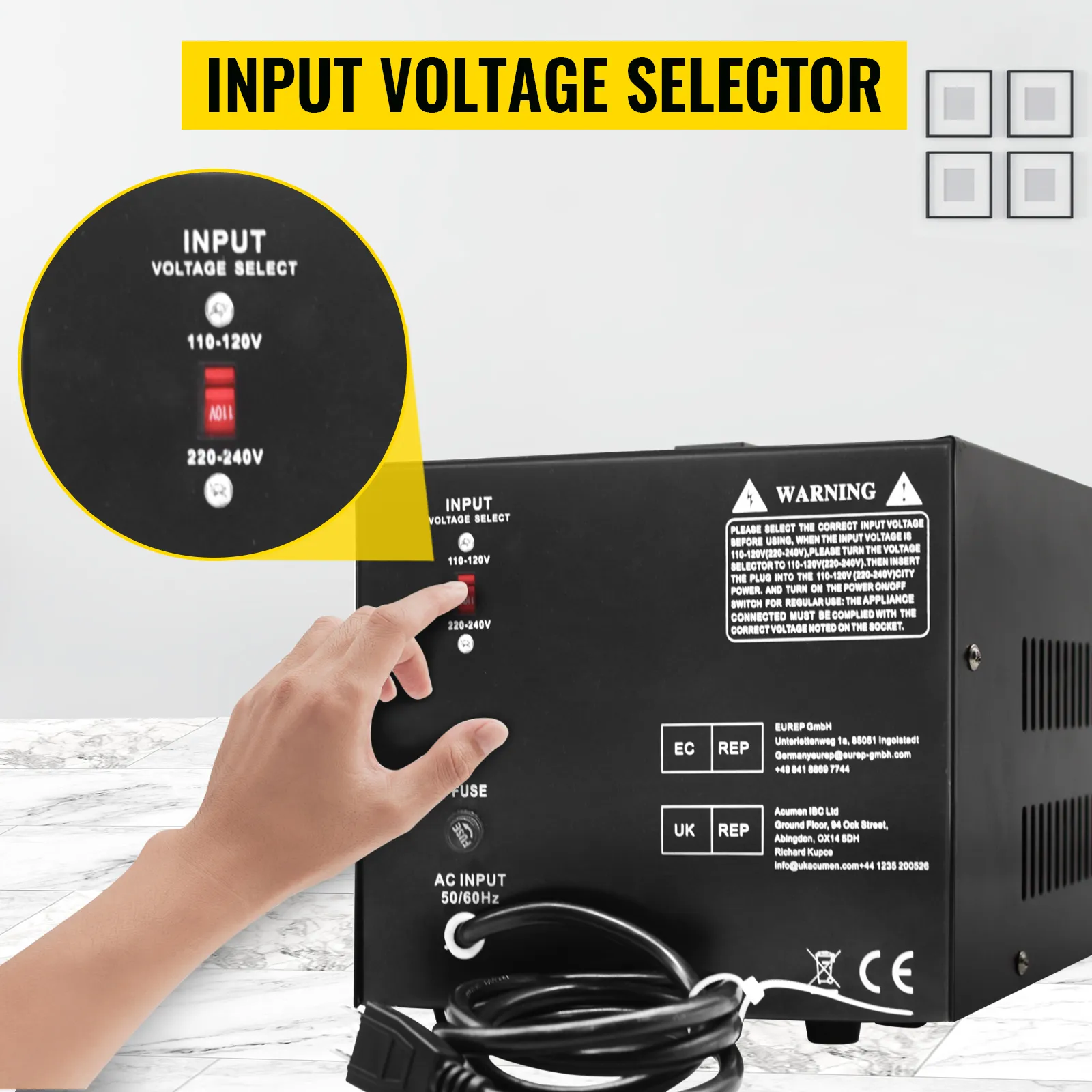 Convertidor de voltaje VEVOR con selector de voltaje de entrada resaltado e identificado en el panel posterior.