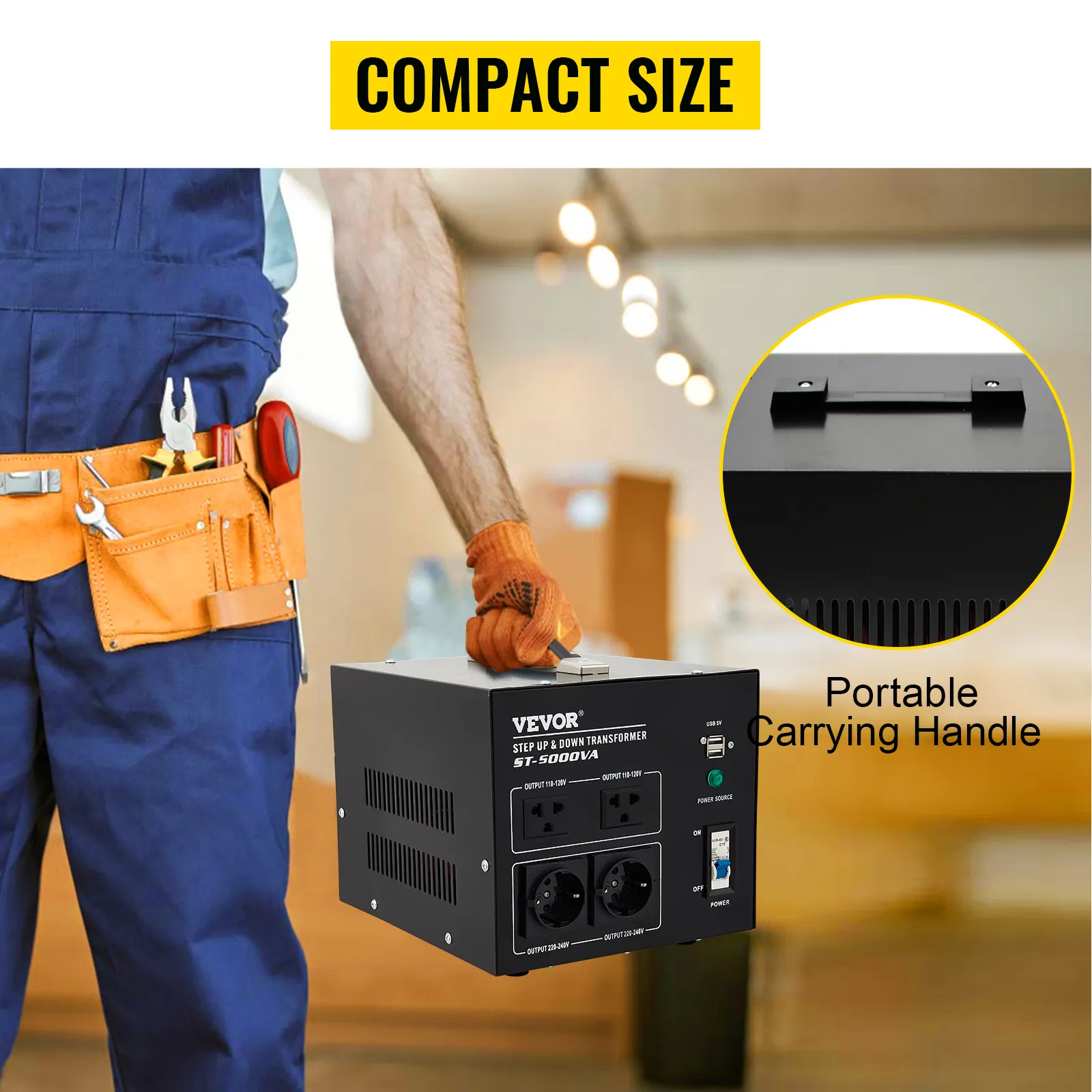 Trabajador que transporta un convertidor de voltaje VEVOR con asa portátil en un taller, mostrando un tamaño compacto.