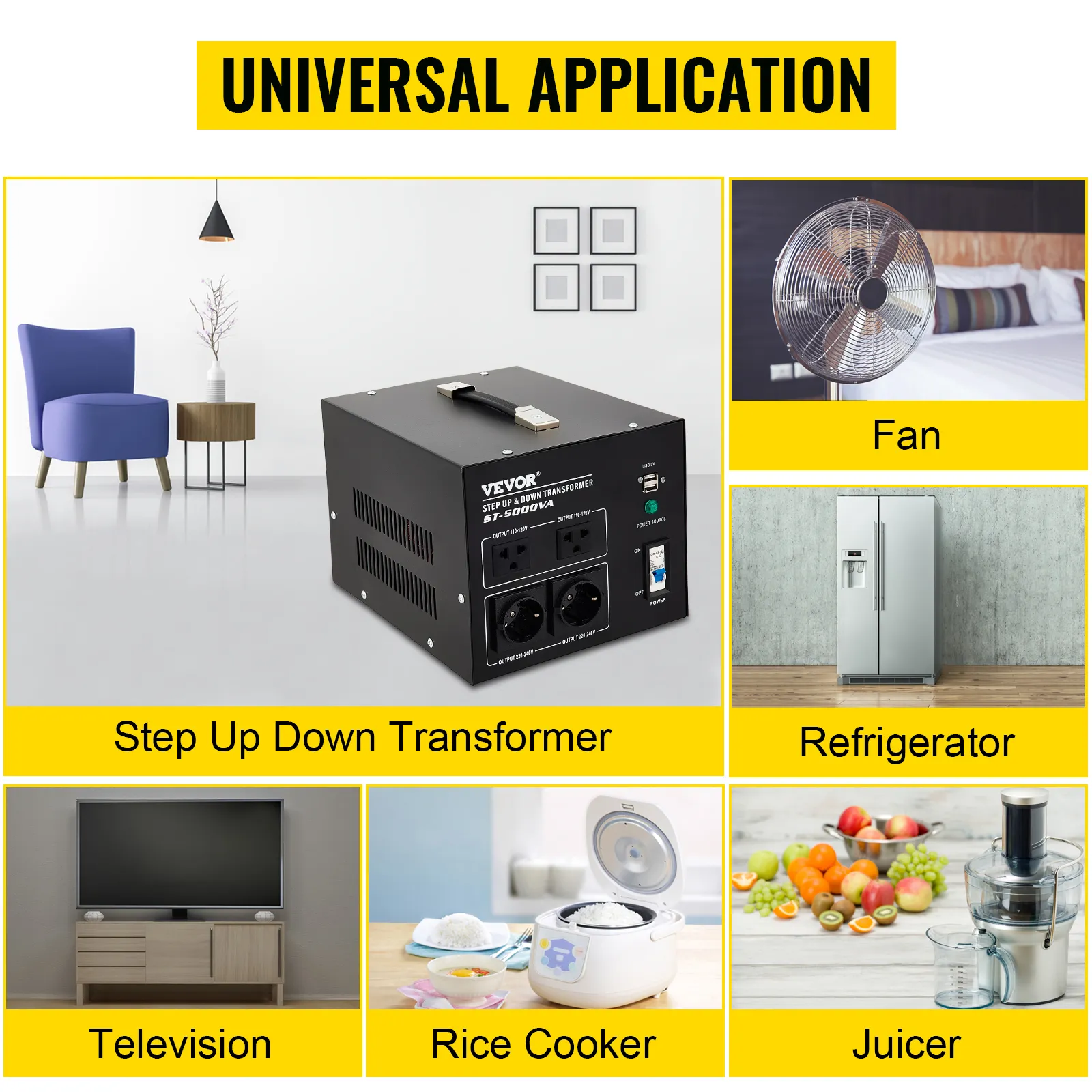 Convertidor de voltaje VEVOR para ventilador, refrigerador, televisor, olla arrocera y exprimidor. Aplicación universal.