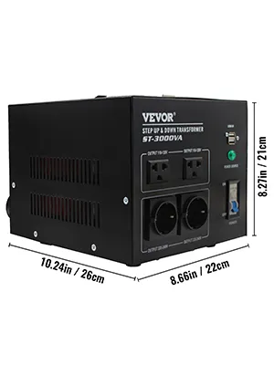 Convertidor de voltaje VEVOR st-3000va con dos enchufes, interruptor, rejillas de ventilación; dimensiones 10,24 pulgadas x 8,66 pulgadas x 8,27 pulgadas.