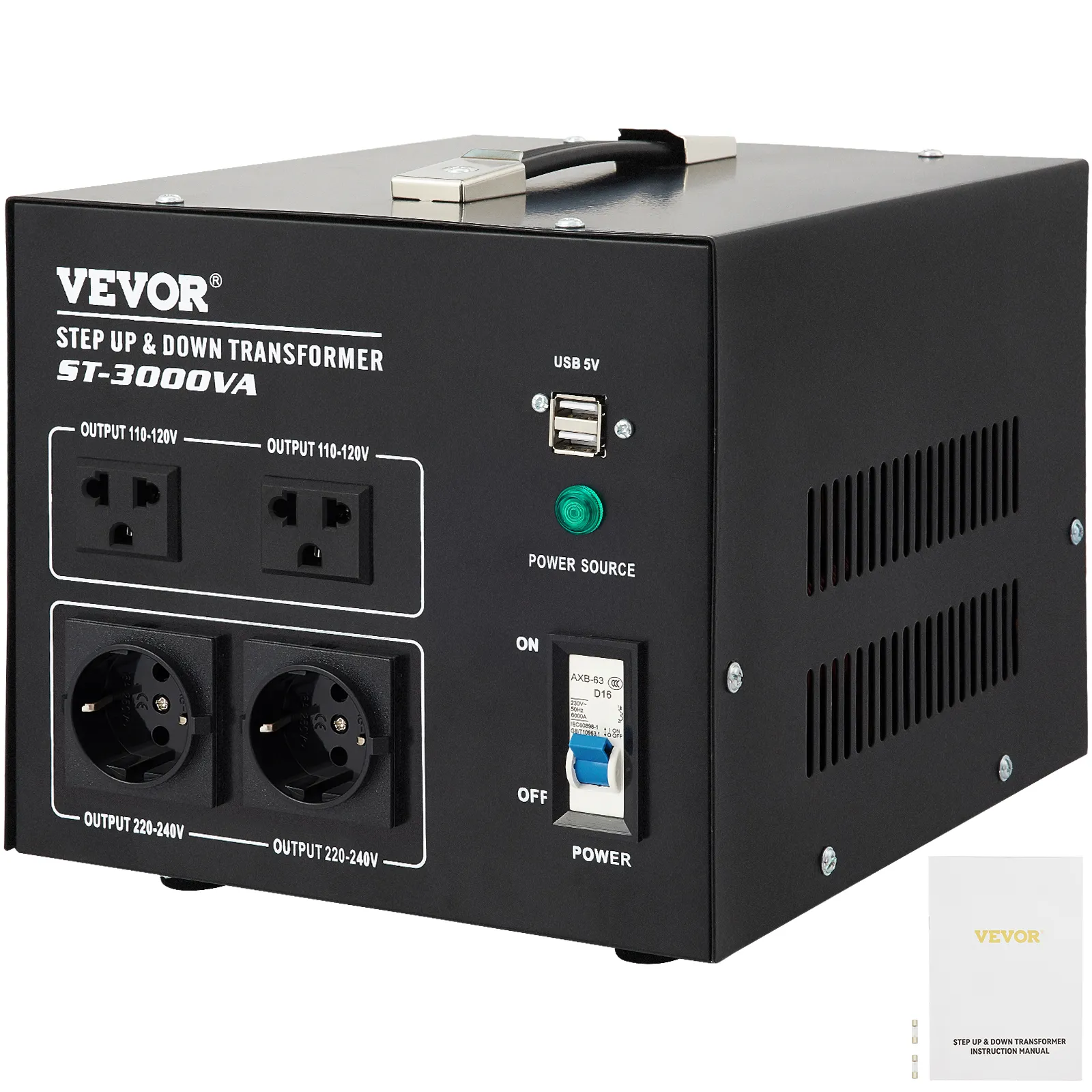 Convertidor de voltaje VEVOR st-3000va con dos enchufes, puertos USB, interruptor de encendido y manual de usuario.