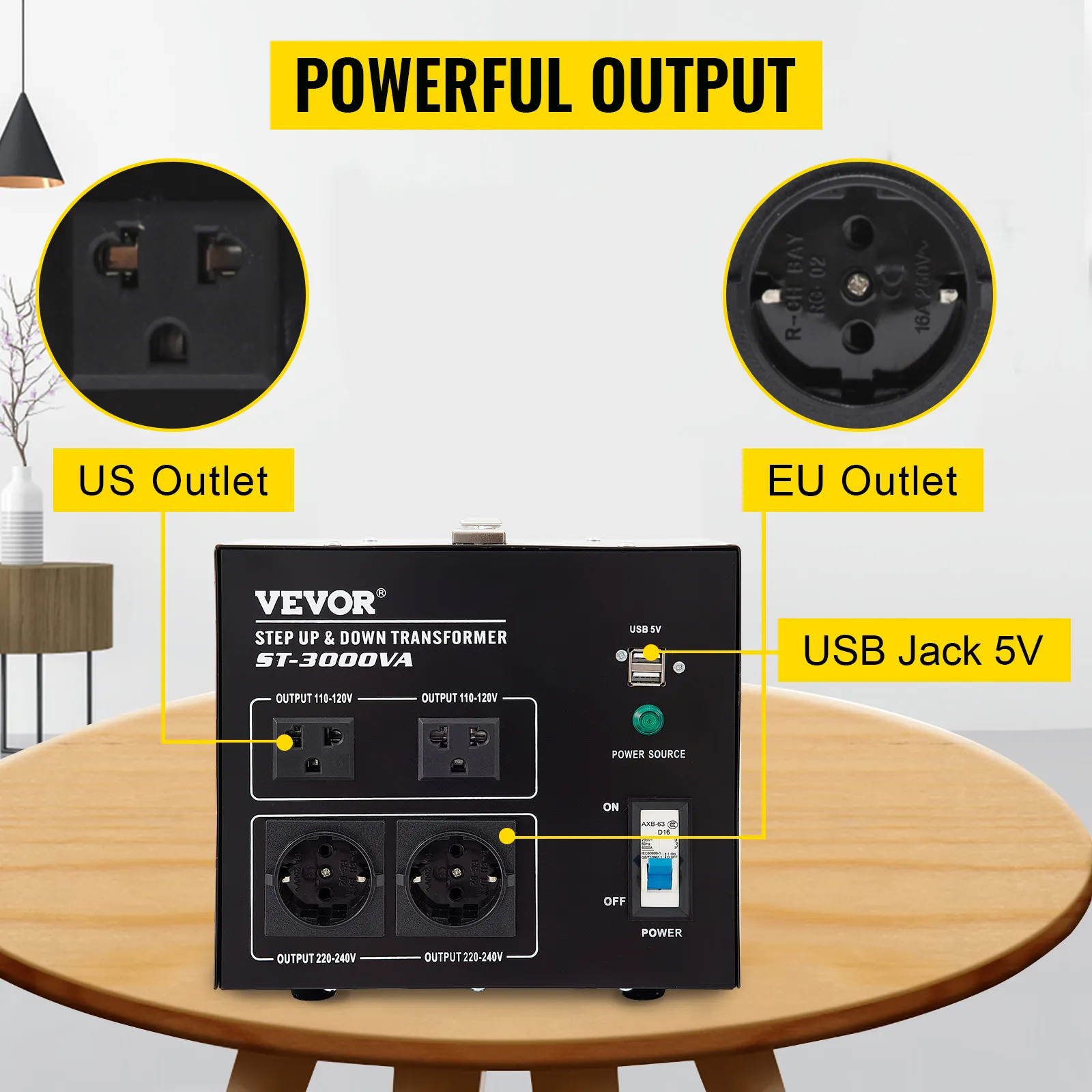 Convertidor de voltaje VEVOR con salidas de EE. UU. y UE, conector USB de 5 V y potente función de salida.