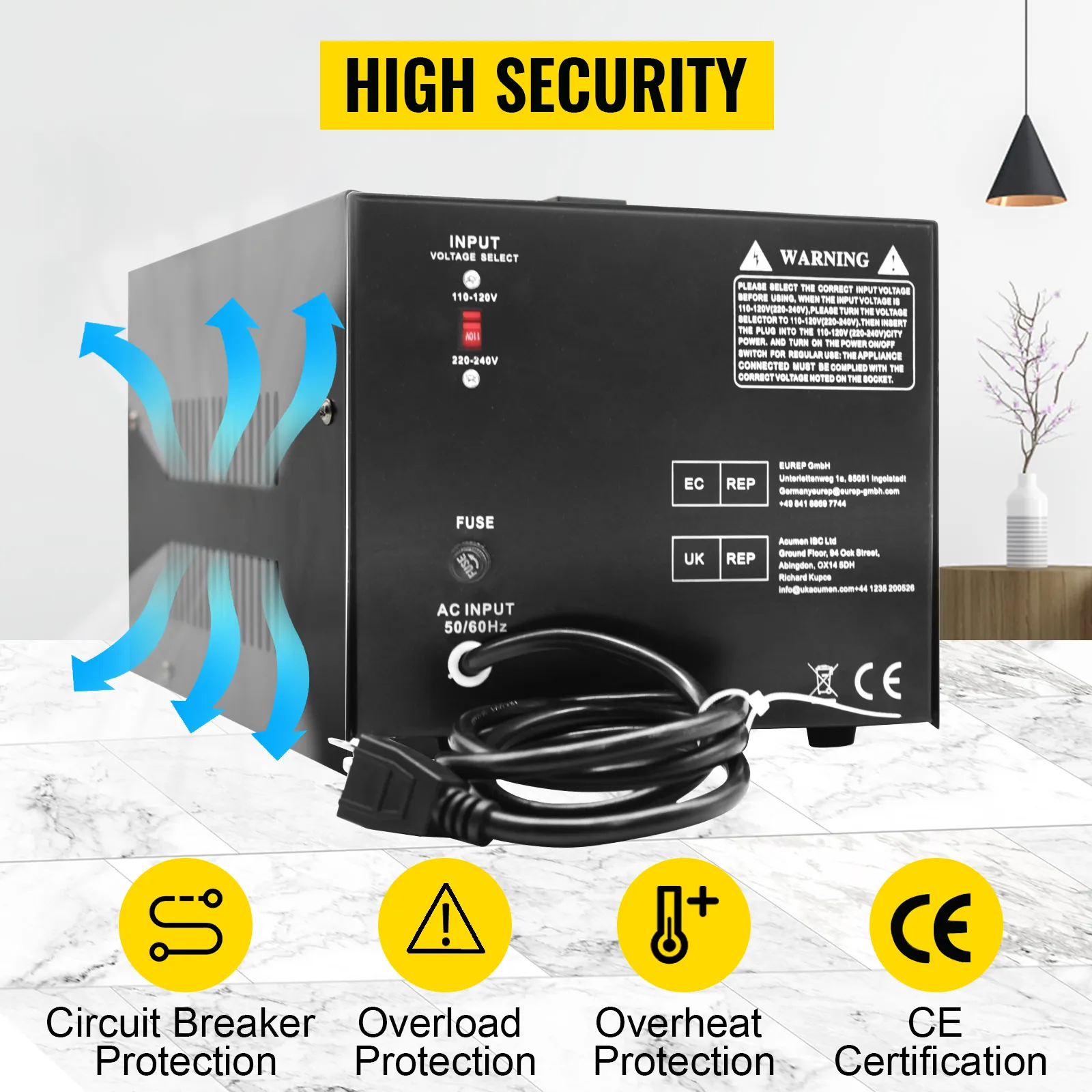 Convertidor de voltaje VEVOR con disyuntor, protección contra sobrecarga, protección contra sobrecalentamiento y certificación ce.