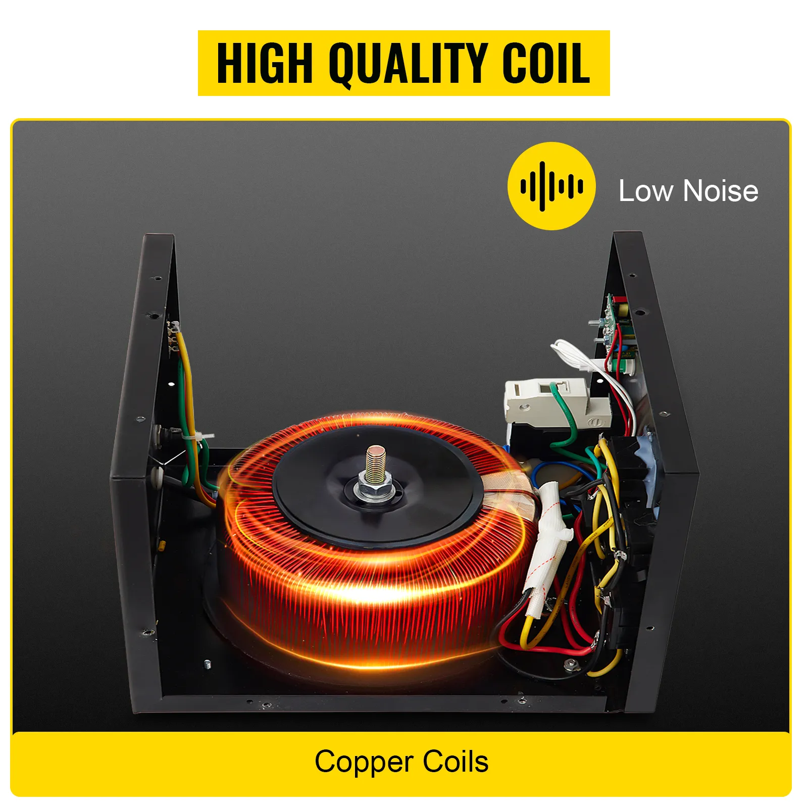 Convertidor de voltaje VEVOR con bobina de cobre de alta calidad, bajo nivel de ruido y cableado interno organizado.