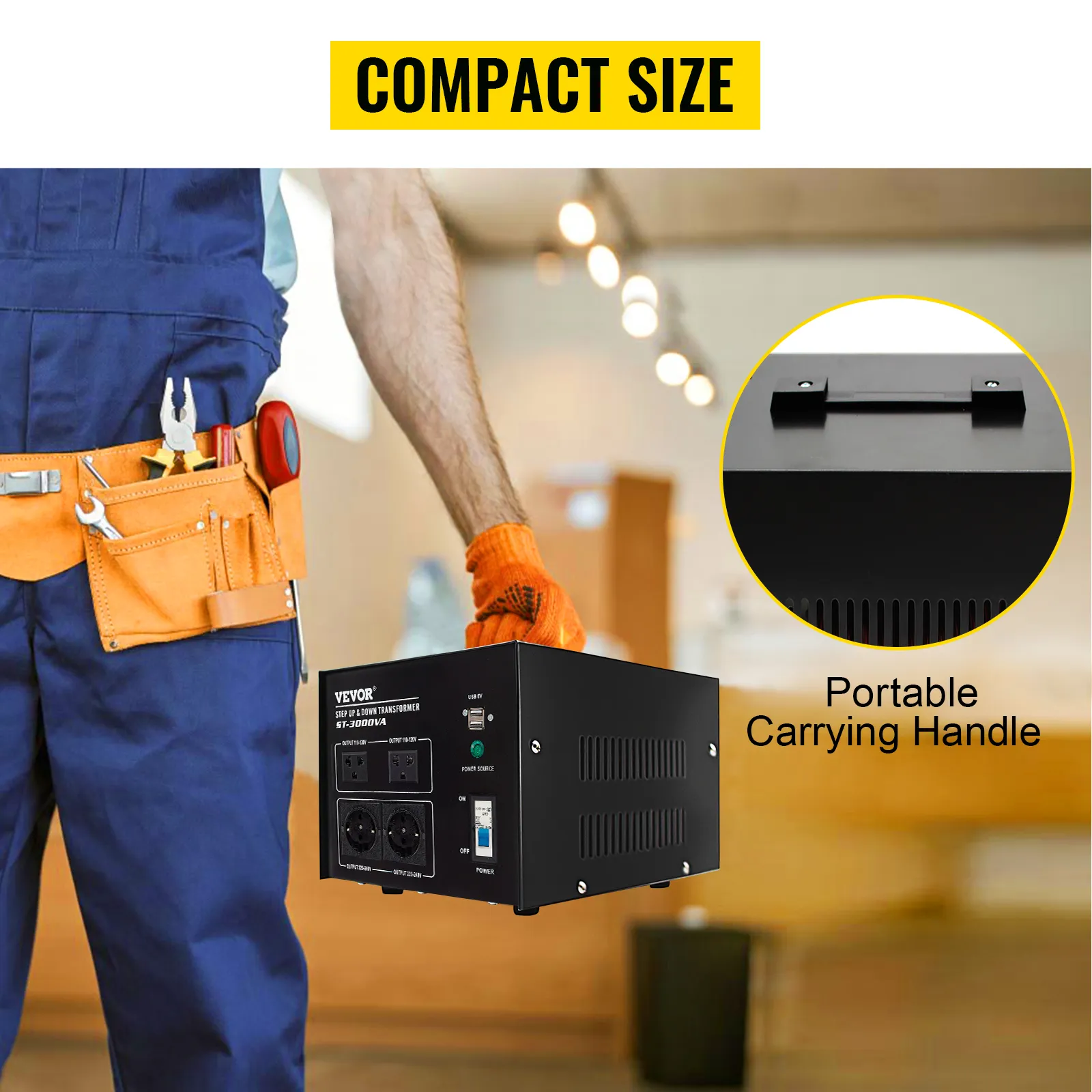 Técnico sosteniendo un convertidor de voltaje VEVOR con cinturón de herramientas y resaltado en asa de transporte portátil.