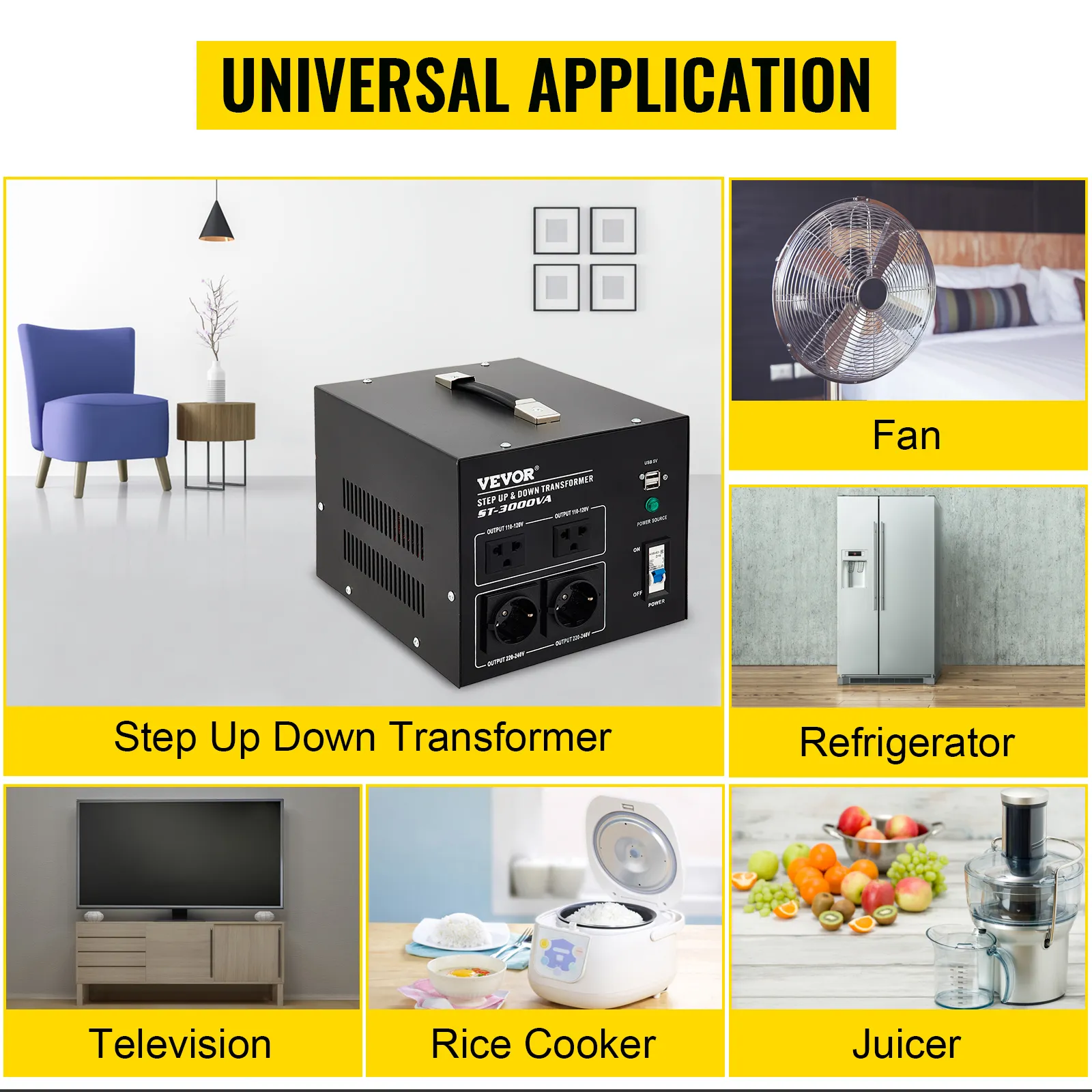 Convertidor de voltaje VEVOR para ventilador, refrigerador, televisor, olla arrocera y exprimidor; aplicación universal.