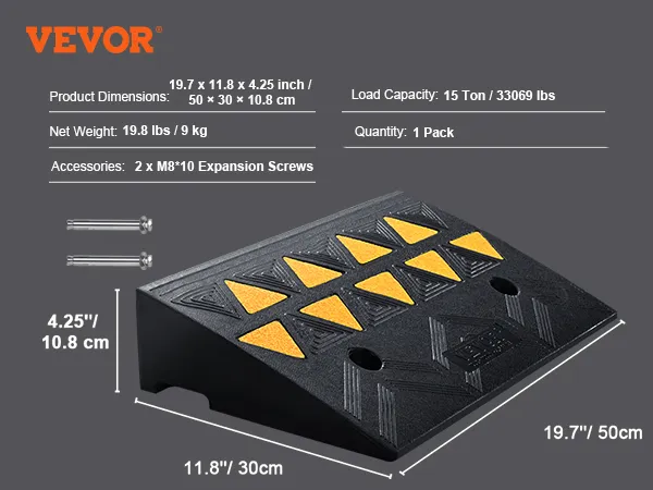 VEVOR rubber curb ramp, 19.7x11.8x4.25 inch, load capacity 15 ton, net weight 19.8 lbs, 1 pack.