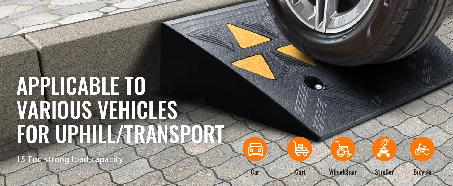 VEVOR rubber curb ramp with 15 ton load capacity for cars, carts, wheelchairs, strollers, and bicycles.
