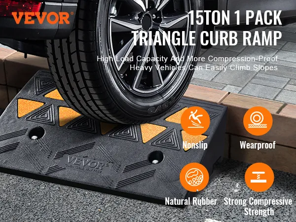 VEVOR rubber curb ramp, 15-ton capacity, high traction for vehicle slope navigation. natural rubber, nonslip.
