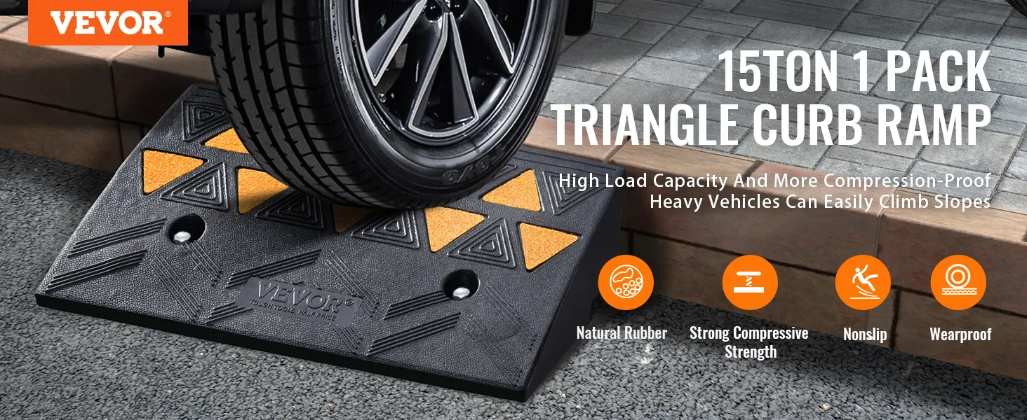 VEVOR rubber curb ramp, 15-ton capacity, high traction for vehicle slope navigation. natural rubber, nonslip.