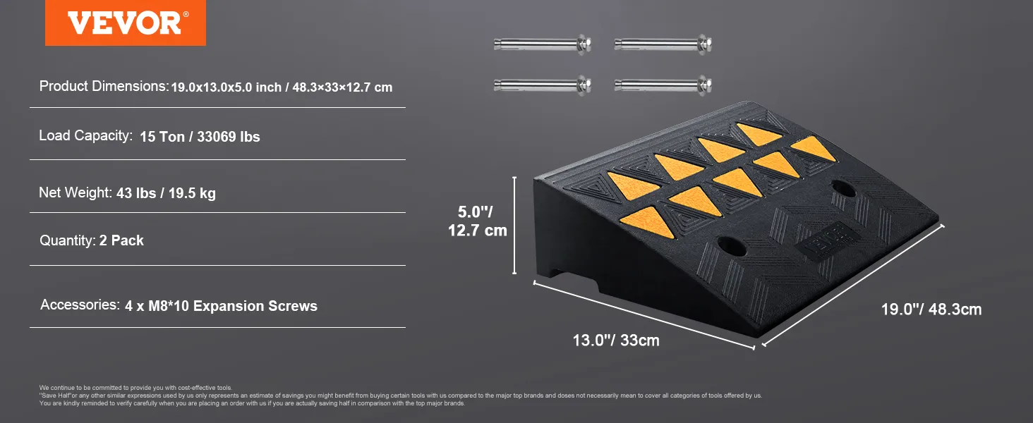 VEVOR rubber curb ramp, 48.3x33x12.7 cm, 15-ton capacity, 2 pack, includes 4 m8*10 expansion screws.