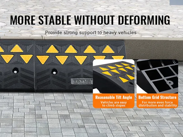 VEVOR rubber curb ramp designed for stability and heavy vehicle support with yellow traction triangles.
