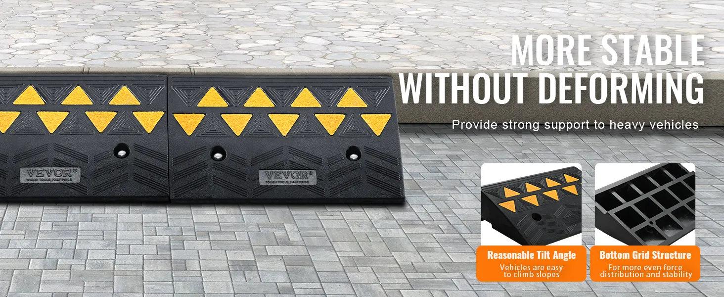VEVOR rubber curb ramp designed for stability and heavy vehicle support with yellow traction triangles.