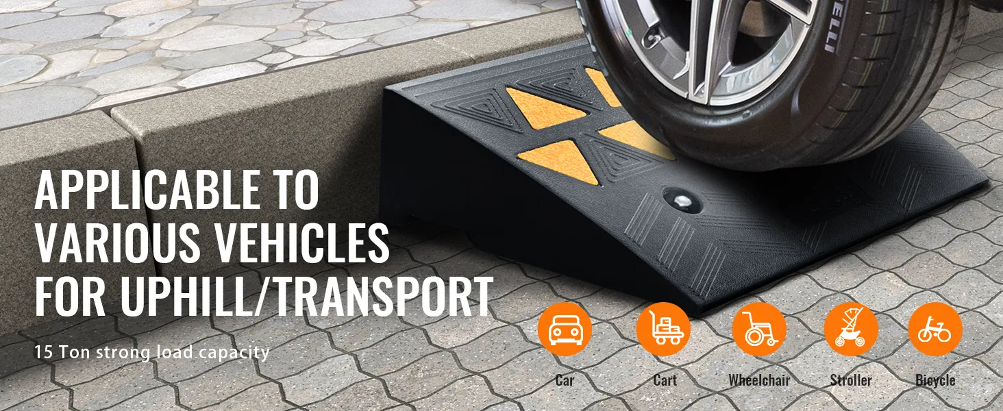 VEVOR rubber curb ramp supports up to 15 tons for cars, carts, wheelchairs, strollers, and bicycles.