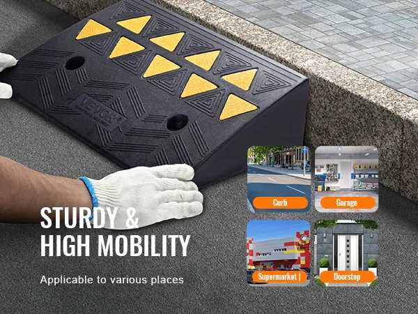 VEVOR rubber curb ramp shown in use for curbs, garages, supermarkets, and doorsteps.
