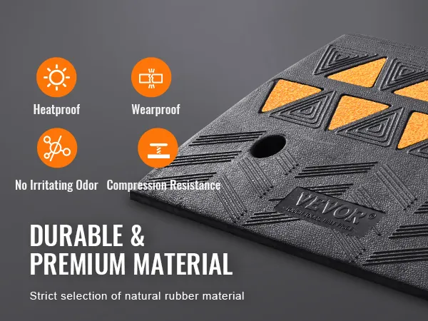 VEVOR rubber curb ramp with heatproof, wearproof, no irritating odor, and compression resistance features.