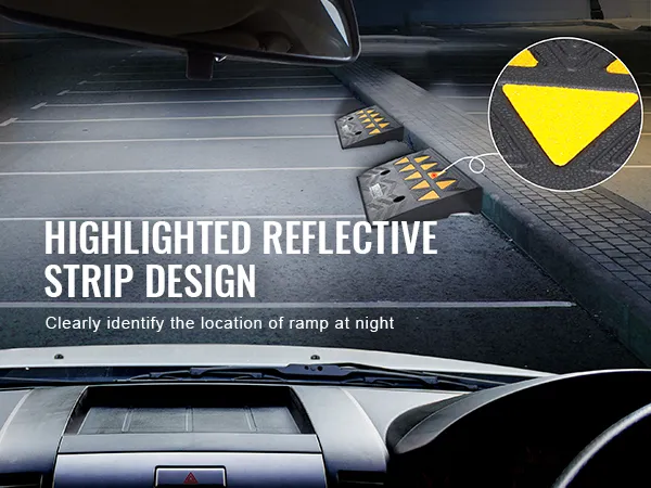 highlighted reflective strip design on VEVOR rubber curb ramp for visible nighttime parking lot safety.