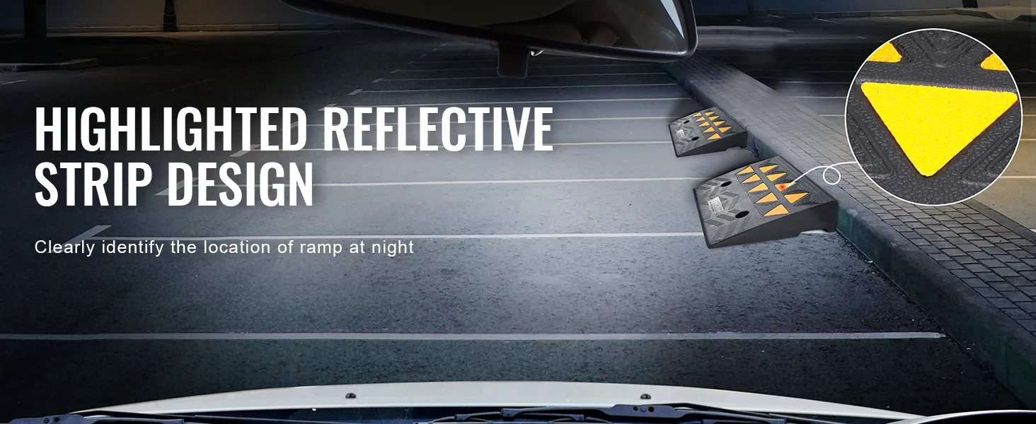 highlighted reflective strip design on VEVOR rubber curb ramp for visible nighttime parking lot safety.