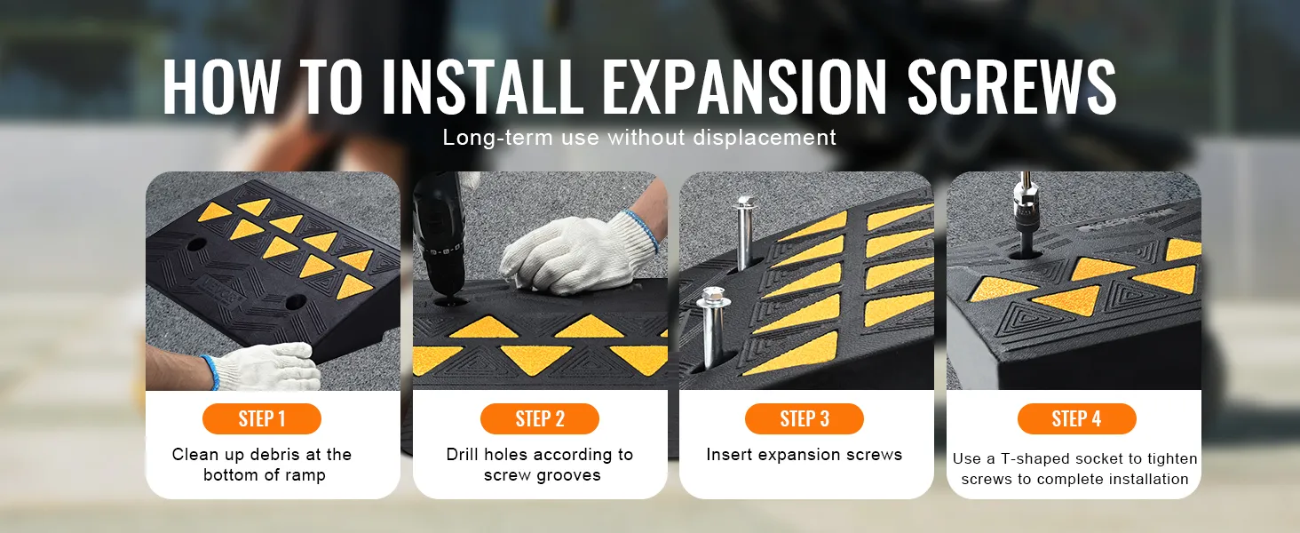 how to install VEVOR rubber curb ramp with expansion screws: clean, drill, insert, and tighten.