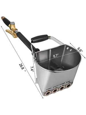 VEVOR stucco sprayer with dimensions labeled, featuring metal construction and grip handle.