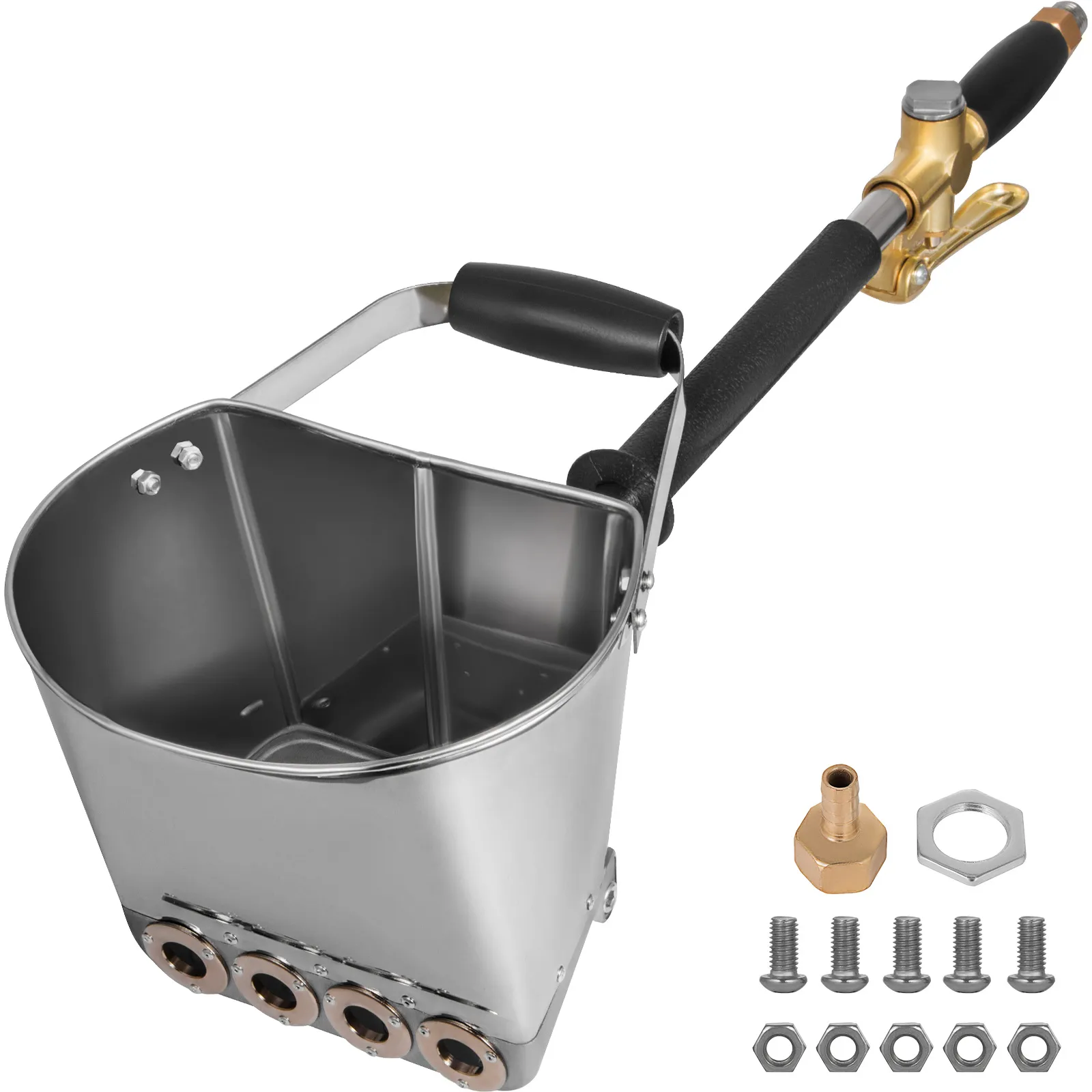 VEVOR stucco sprayer with handle and accessories, including screws and connector.