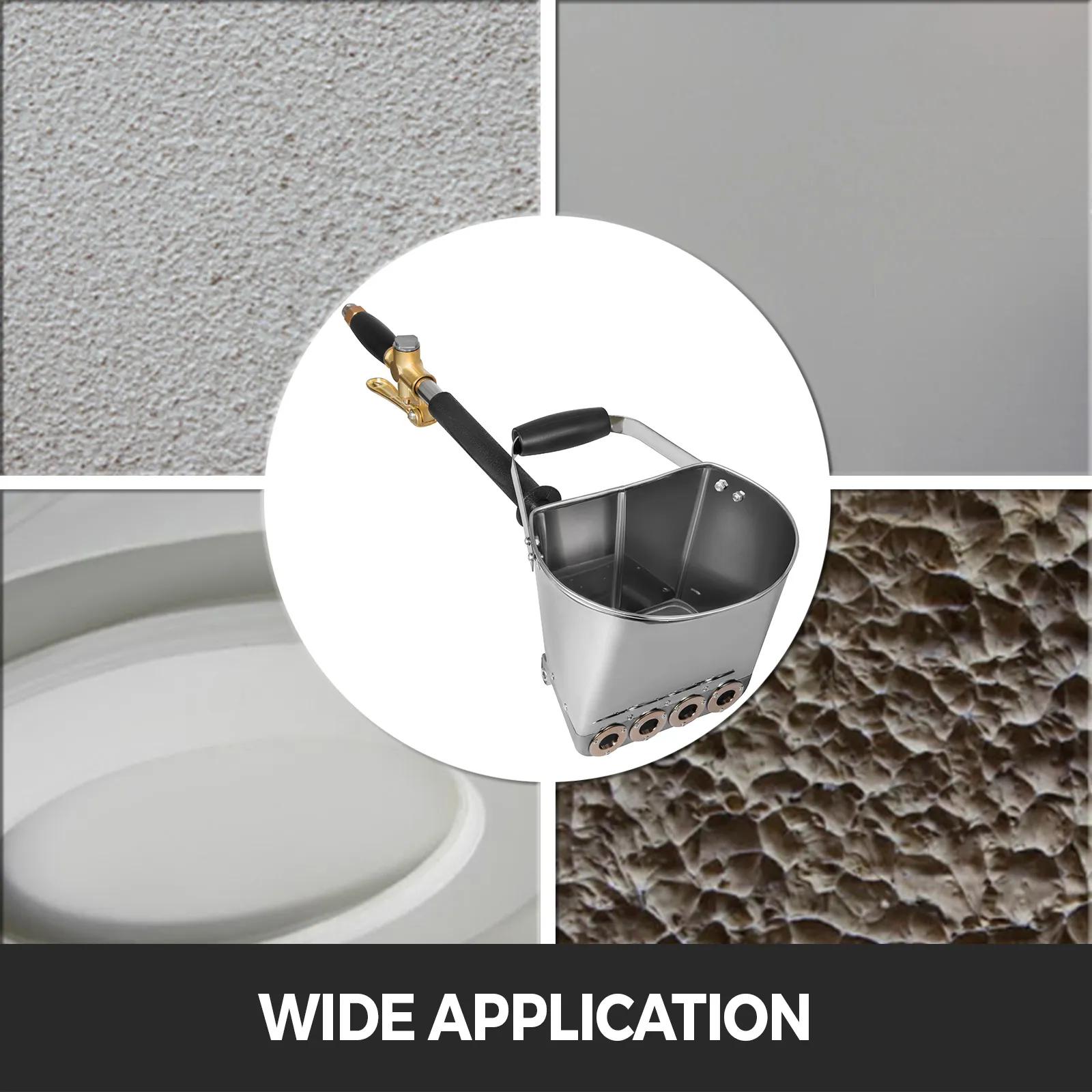 VEVOR stucco sprayer showcasing various texture applications. wide application.