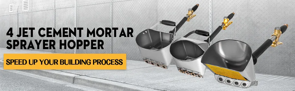 4-jet cement mortar sprayer hopper in usage against a construction site backdrop.