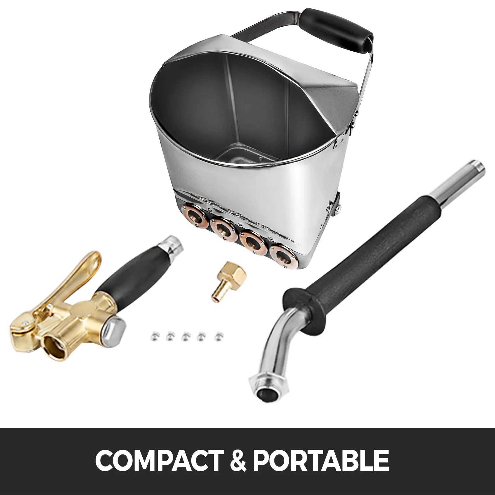 VEVOR cement mortar sprayer, compact and portable, with brass valve and attachments.
