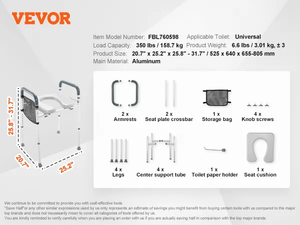 VEVOR raised toilet seat with armrests, support tubes, storage bag, and components. load: 350 lbs.