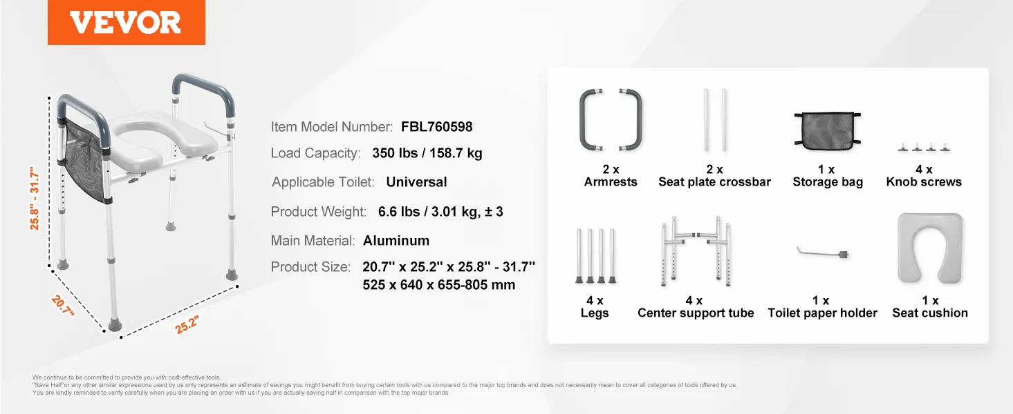 VEVOR raised toilet seat with armrests, support tubes, storage bag, and components. load: 350 lbs.
